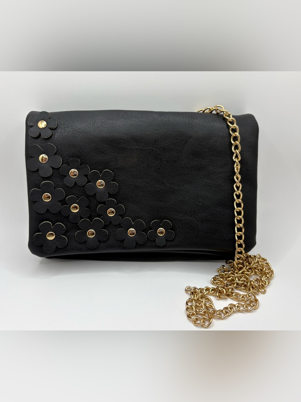 Rampage Black Crossbody Bag Faux Leather Purse with Flower Appliqué Gold Chain